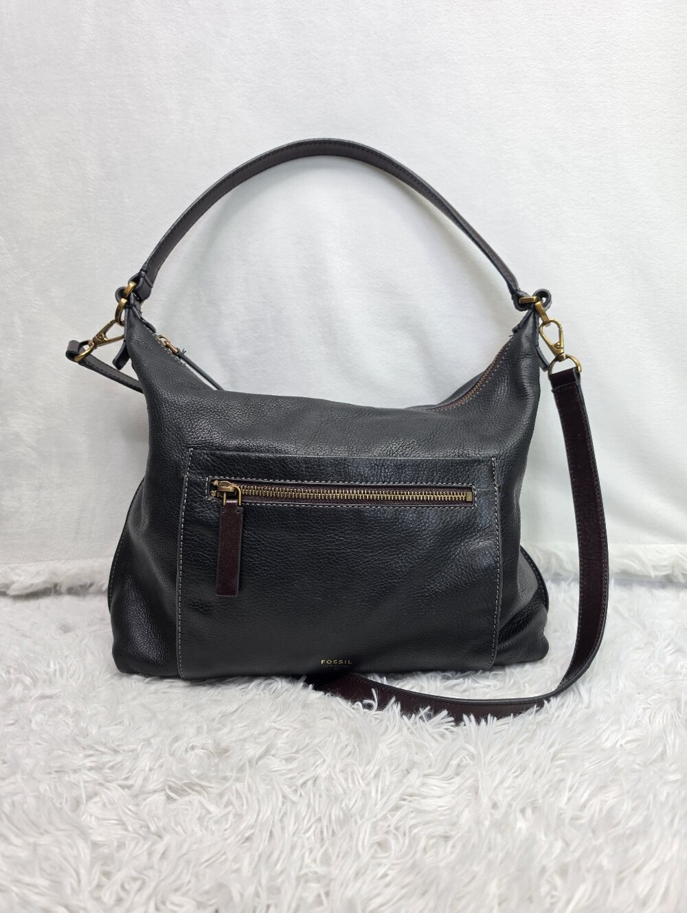 Fossil Black Leather Hobo Bag with Detachable Strap